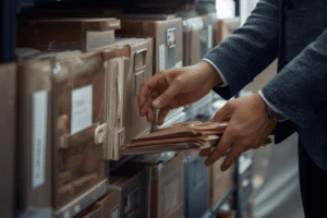 un professionnel qui range des documents dans les archives d'une entreprise un professionnel qui range des documents dans les archives d'une entreprise