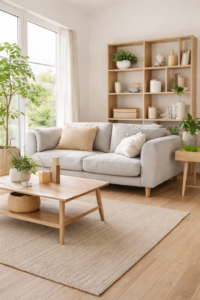 Salon lumineux et organisé après accompagnement en home organising à Lyon, optimisation de l’espace pour créer un intérieur apaisé, fonctionnel et durable.