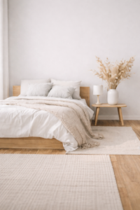 Chambre lumineuse, organisée et minimaliste, résultat d’un accompagnement en home organising pour accompagner un changement de vie et créer un environnement apaisé.