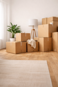 Organisation de déménagement dans un intérieur lumineux, accompagnement home organiser à Lyon pour préparer un emménagement serein et structuré.