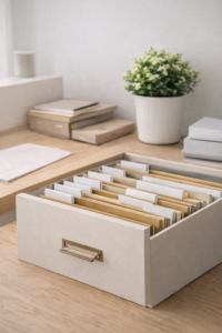 Organisation de dossiers administratifs dans un tiroir structuré après accompagnement en home organising à Lyon, création d’une organisation familiale claire, durable et apaisée.