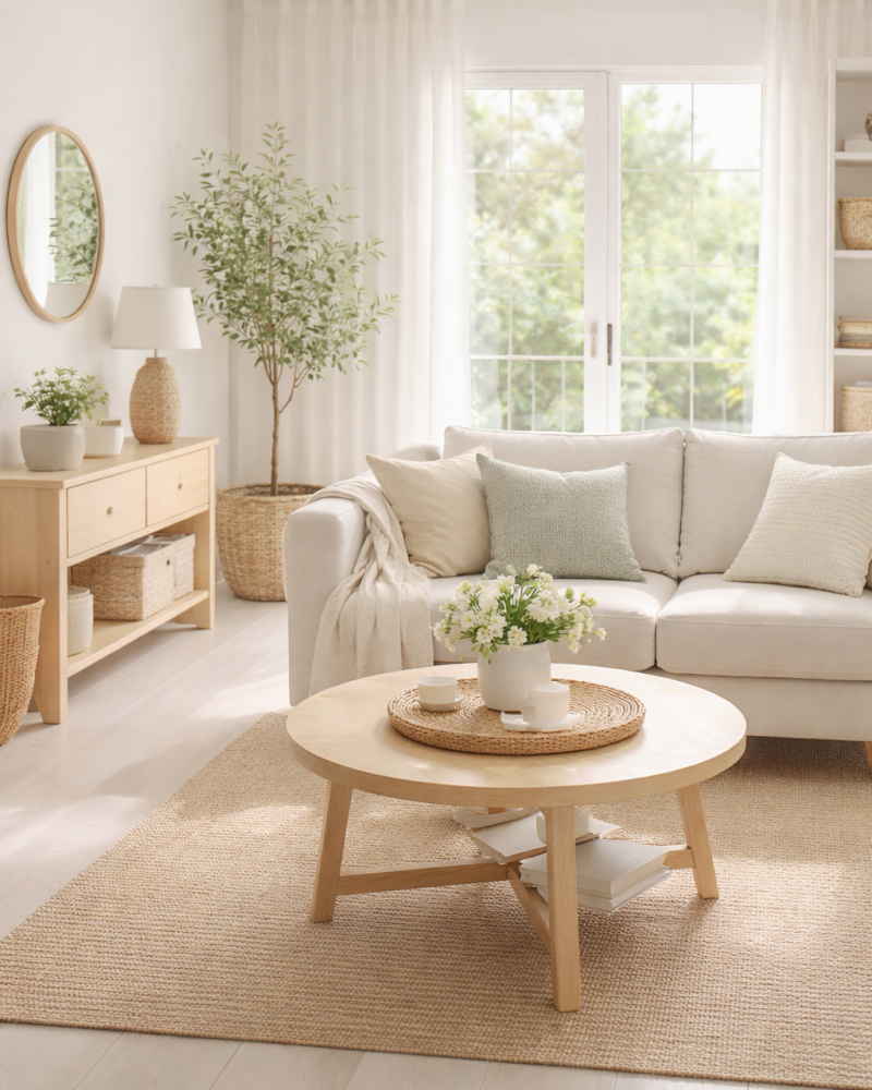 Intérieur lumineux et minimaliste illustrant une organisation durable de la maison à Lyon par une home organiser experte